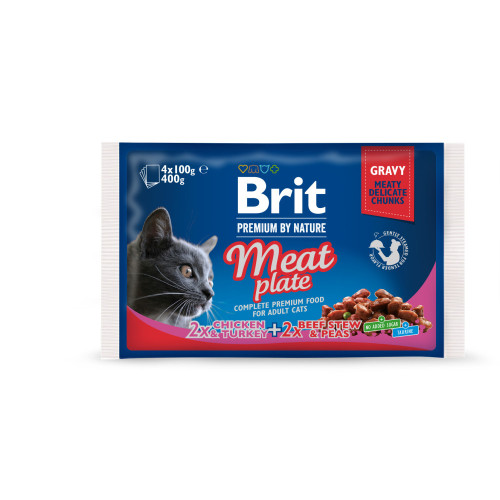 Корм вологий Brit Premium Cat Meat Plate pouches набір для котів м'ясна тарілка курка та індичка з тушкованою...