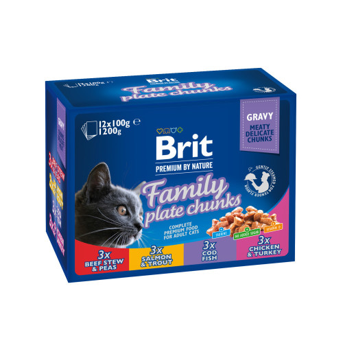Корм влажный Brit Premium Cat Family Plate pouches набор паучей семейная тарелка для кошек ассорти 4 вкуса 100 г х...