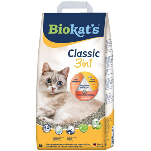 Наполнитель Biokats для кошачьего туалета Classic 3in1 бентонитовый 0,1–5 мм 18 л