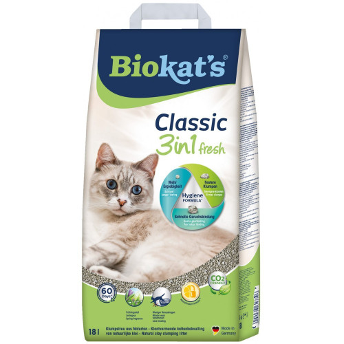 Наполнитель Biokats для кошачьего туалета Classic Fresh 3in1 бентонитовый 0,1 – 5мм 18 л