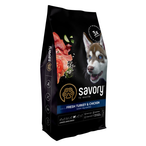 Корм сухой Savory Junior Large rich in Fresh Turkey and Chicken для молодых собак больших пород от 25 кг со свежей...