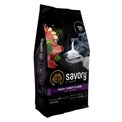 Корм сухий Savory Medium Breed rich in Fresh Turkey and Lamb для дорослих собак середніх порід від 10 до 25 кг зі...