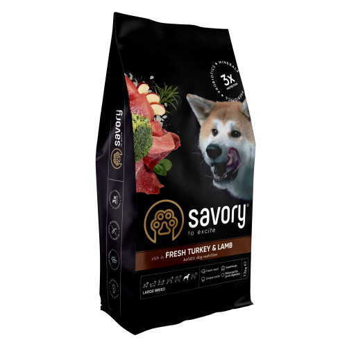 Корм сухой Savory Large Breeds rich in Fresh Turkey and Lamb для взрослых собак больших пород от 25 кг со свежим...