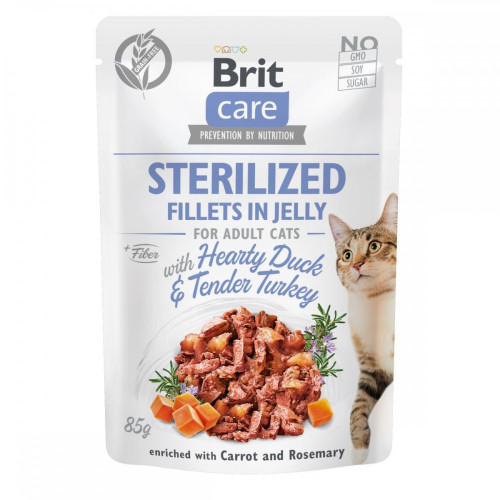Корм вологий Brit Care Fillets in Jelly Hearty Duck and Turkey Sterilized д/стерилізованих котів філе в желе з...