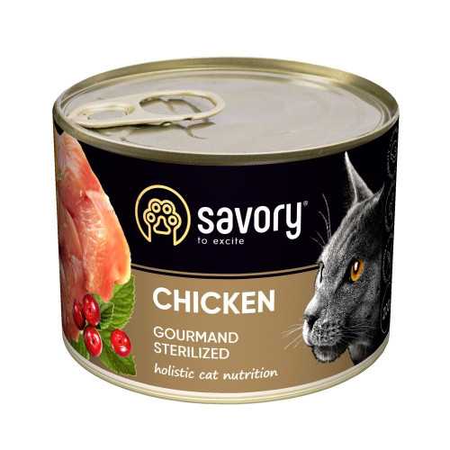 Корм вологий Savory Cat Can Adult Sterilised консерви для стерилізованих котів з куркою 200 г