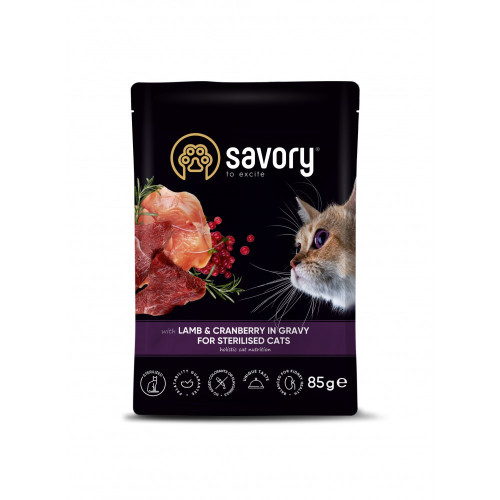 Корм влажный Savory Sterilised Cat Pouch Lamb and Cranberry in Gravy для стерилизованных кошек с ягненком и клюквой...