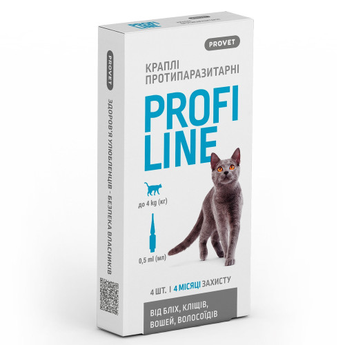 Капли PROVET Profiline для котов до 4 кг инсектоакарицид 4 піпетки по 0,5 мл
