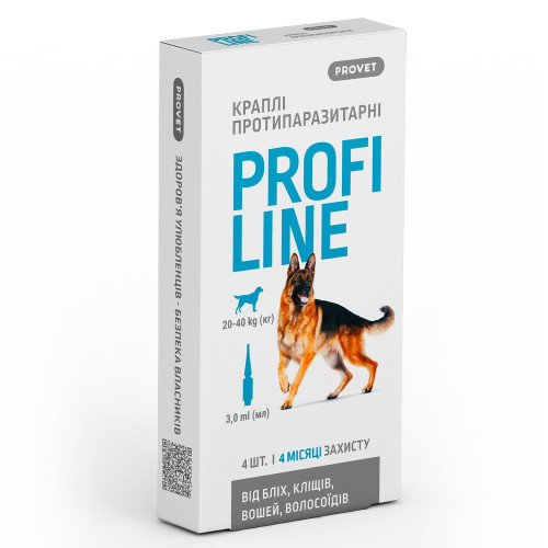 Капли PROVET Profiline для собак 20-40 кг инсектоакарицид 4 піпетки по 3,0 мл