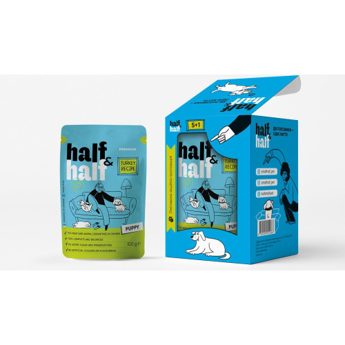 Набор влажных кормов Half&Half "5+1" Turkey in Gravy for Puppy для щенков кусочки в соусе с индейкой паучи 6 шт х 100 г
