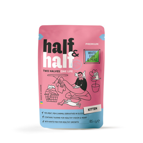 Корм вологий Half&Half для кошенят з білою рибою та горохом в желе 85 г