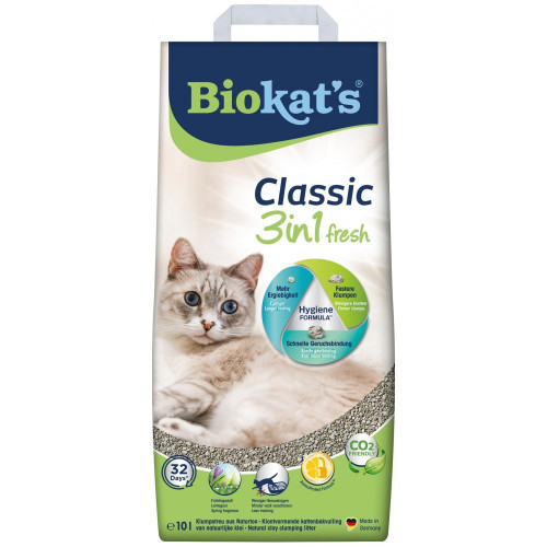 Наполнитель Biokats для кошачьего туалета Classic Fresh 3in1 бентонитовый 0,1 – 5 мм 10 л